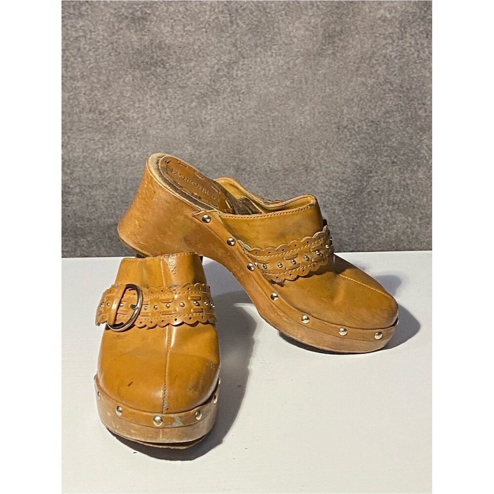 Vintage Fashion Bug Wooden Platform Clogs Mules Size 7 Studded Buckle Y2K Boho